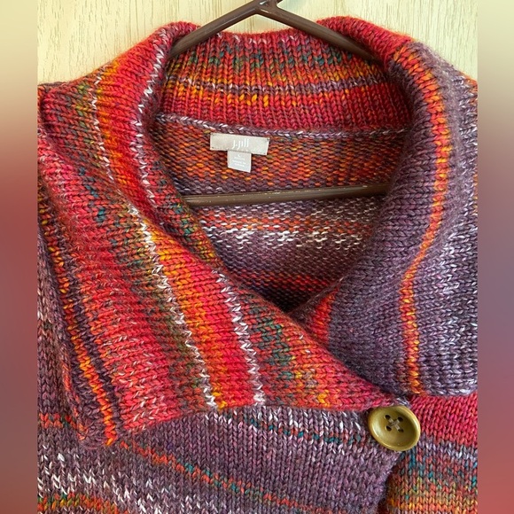 J.JILL Cardigan Petite Chunky Knit Wool Blend One-Button Red Purple Sz Large P - Picture 2 of 9
